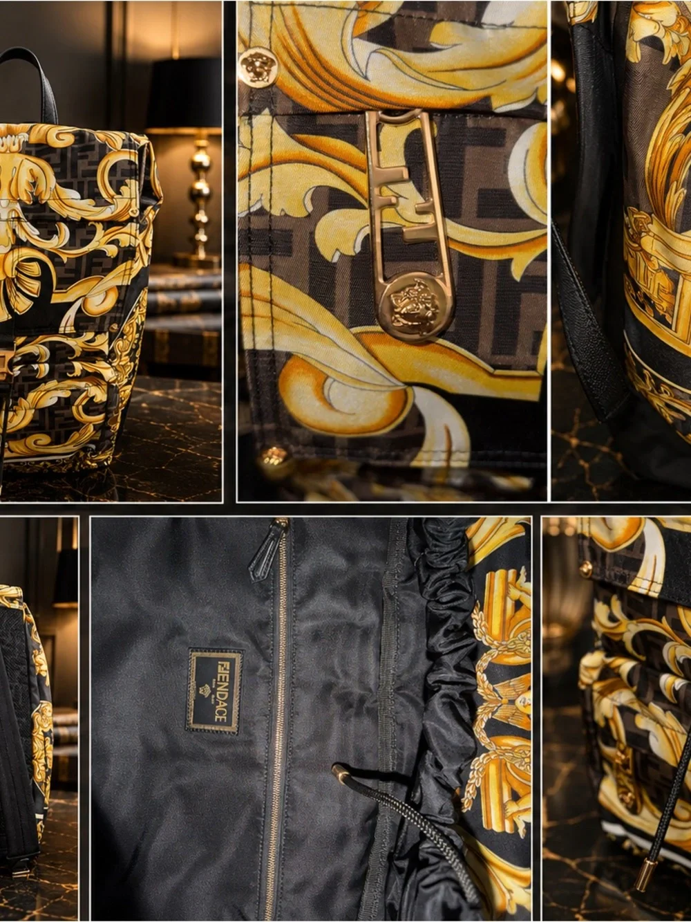 FENDACE Fendi x Versace Black & Gold Baroque Backpack New with COA and Dustbag